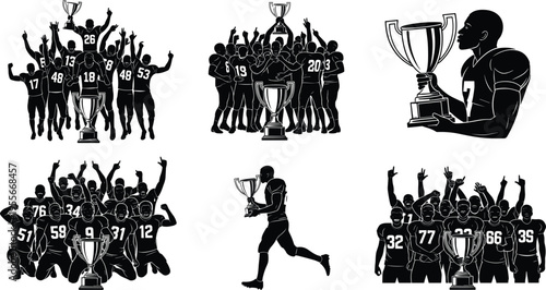 American football team silhouettes celebrating championship victory with trophy players group action isolated vector illustration set