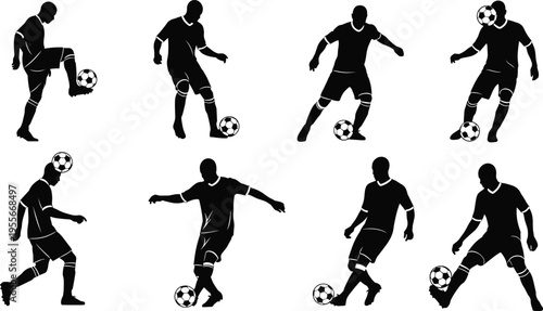 Collection of soccer player silhouettes demonstrating dribbling juggling and ball control poses isolated vector illustration set