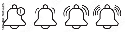 Notification bell icon set. Alarm symbol. Incoming message symbol. Bell for subscribe, alarm and push chat alert. New notification, reminder