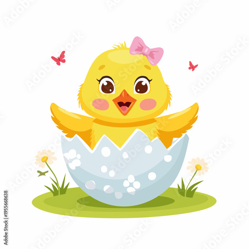 Süßes Küken schlüpft aus einem Osterei