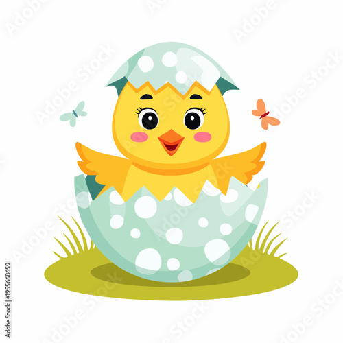 Süßes Küken schlüpft aus einem Osterei