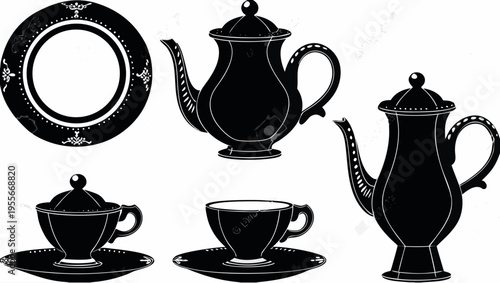 A minimalist black and white vector illustration of a tea set on a plain background