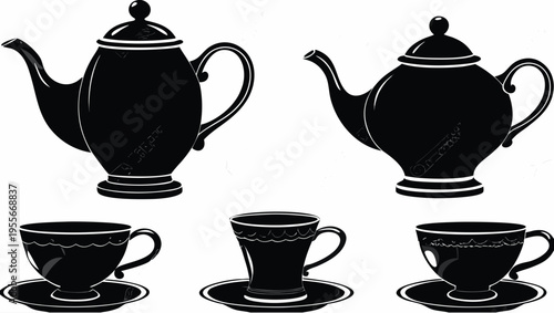 A set of black silhouette tea teapots and cups on a white background