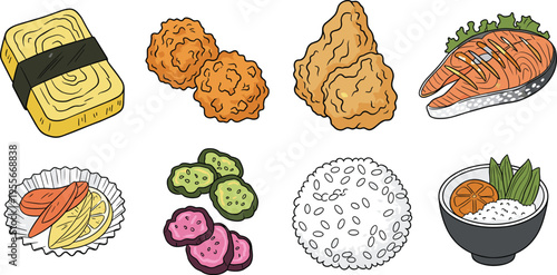 Japanese bento food collection vector illustration featuring tamagoyaki omelet fried chicken karaage grilled salmon rice ball and pickled vegetables