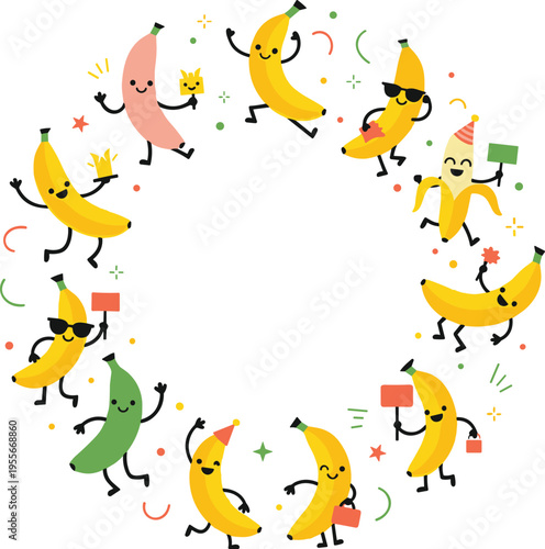 Cute banana cartoon character wreath vector illustration featuring happy dancing fruit mascots in a circular frame with festive party elements