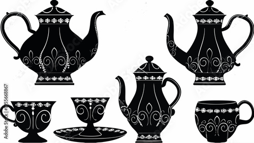 A set of elegant tea cups and teapots in a beautiful vector graphic design
