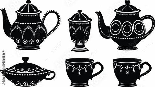 A set of six black and white tea cups and teapots with ornate designs on a transparent background