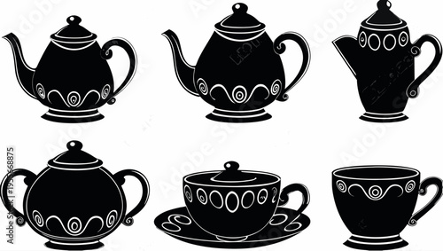 A set of black and white tea infuser icons with teapots and cups on a white background