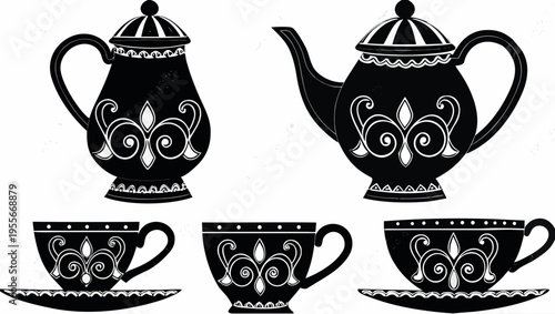 A set of black and white tea cups and teapots with elegant designs