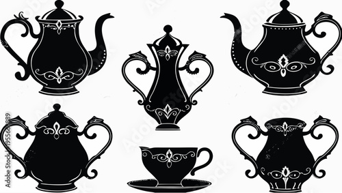 A set of elegant black and white tea pot and cup illustrations with ornate designs