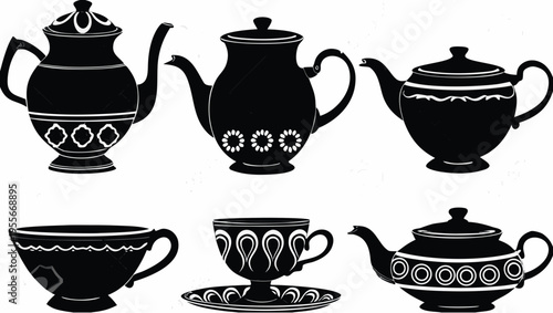 A set of black and white tea cups and teapots in a minimalist flat design style