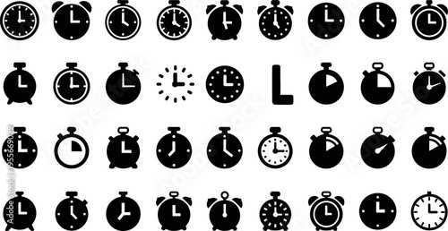 A collection of various pocket watch and clock illustrations in black and white
