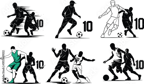 Soccer player silhouettes set dribbling and defending actions, football athletes vector illustration with dynamic poses and ball control