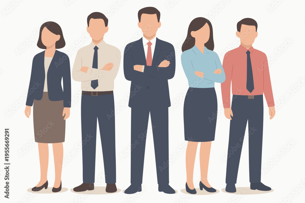 Obraz premium Diverse business team posing confidently with arms crossed, professional flat design vector illustration