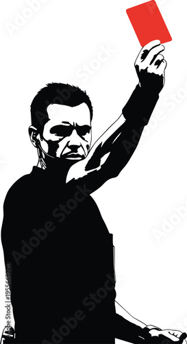 Soccer referee showing red card decision isolated silhouette illustration representing foul penalty rule enforcement in football