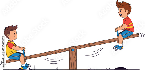 Kids playing seesaw playground children balance game outdoor activity fun childhood cartoon vector illustration