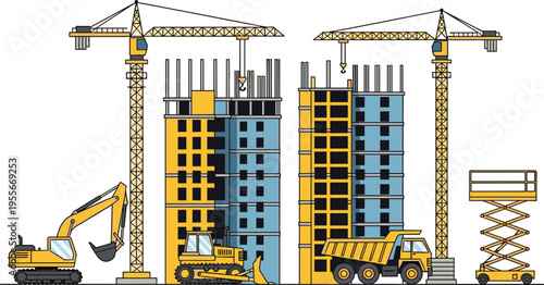 Construction site building cranes machinery workers industrial development architecture engineering equipment vector illustration
