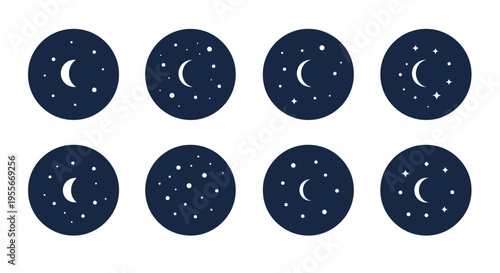 Minimalist Moon and Stars Icons Set, Celestial Night Sky Vector Illustrations in Dark Blue Circles