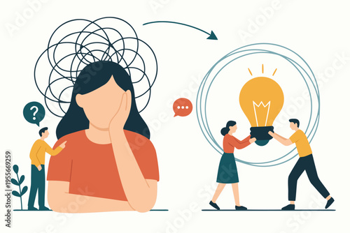 Concept of problem-solving and idea generation: confused person transforming into a team with a bright lightbulb vector illustration