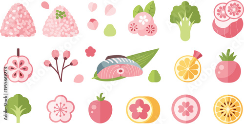 Japanese cuisine and spring cherry blossom icon set with onigiri salmon fish flowers and healthy food flat vector illustration
