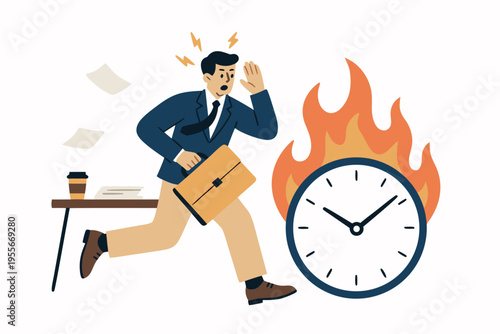 Businessman running late with briefcase next to burning clock, vector illustration
