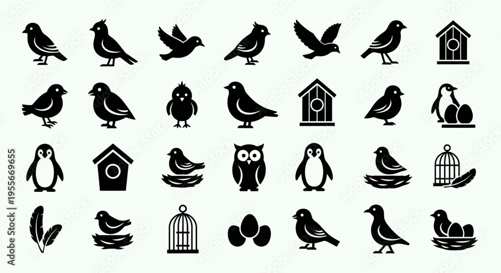Fototapeta premium Set of bird icons in black silhouette style.