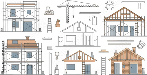 House construction site vector illustration set featuring residential building projects under development with scaffolding cranes ladders and framing