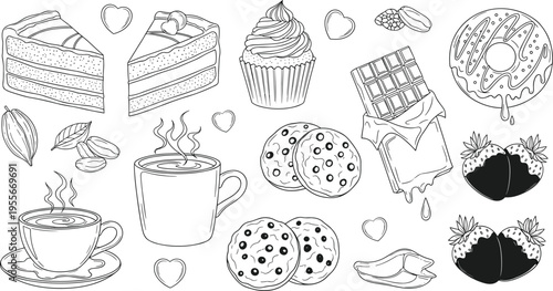 Sweet dessert and coffee cafe collection vector illustration with cake slices cupcake chocolate bar donut cookies and strawberries