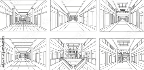 Modern architectural interior perspective vector set featuring shopping mall hallway corridors and large atrium spaces in black line art