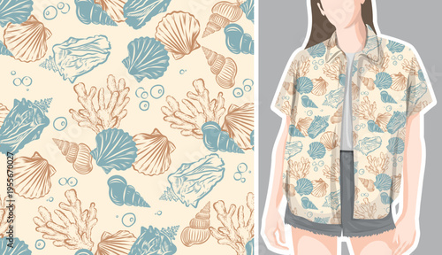 Vector pattern of seashell and coral You can change element and background color from the EPS file.