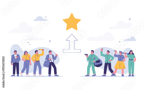 A vector graphic illustration of people moving upwards towards a star symbolizing success and achievement in a modern and vibrant design style