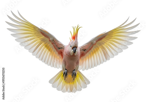 Vibrant rosella parrot in flight with spread wings and crest raised on PNG format and transparent background.