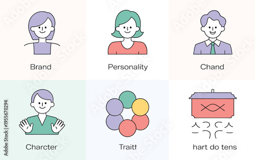 A colorful vector graphic illustration of six icons representing brand personality traits