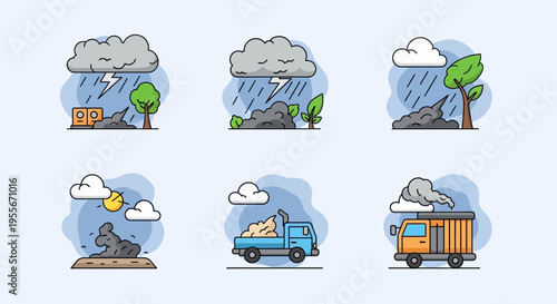 Natural Disaster and Environmental Impact Flat Icon Set: Storm, Landslide, Pollution, and Cleanup Concepts