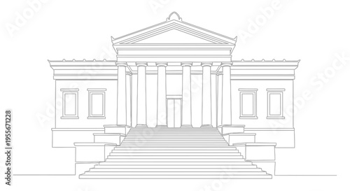 Classical Greek Building Facade with Columns and Steps - Line Drawing