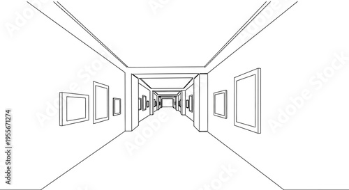 Art Gallery Hallway, Abstract Perspective, Frame Lines, White Walls