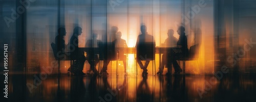 A group of business people in silhouette sitting around an office table, having a meeting.