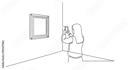 Person taking photo of framed artwork in gallery, line art illustration