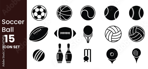 Sports Balls and Equipment Icon Set Flat Vector Silhouettes of Soccer, Basketball, Tennis, Cricket, and Various Athletic Game Symbols