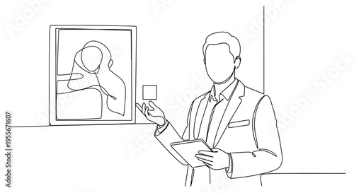 Art gallery curator presenting painting with tablet, minimalist illustration