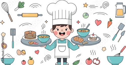 Cute chef character cooking vector illustration with kitchen utensils food ingredients desserts and bakery elements for culinary design
