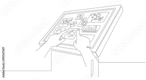 Interactive touchscreen interface with human hands, digital information display