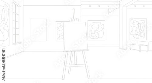 Art Gallery Exhibition Space with Easel and Abstract Paintings
