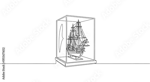 Antique Ship Model in Glass Display Case, Line Art Drawing