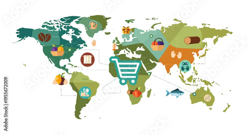 Global Supply Chain and International E-commerce Network Illustration on World Map