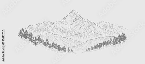 Annapurna Mountain Range layered landscape line art with forest foreground Nepal Himalaya vector illustration