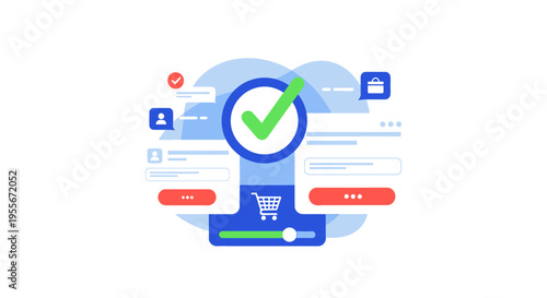 Online Shopping Success & Order Confirmation Illustration. E-commerce Checkout Process, User Account Management, and Digital Transaction Completion.