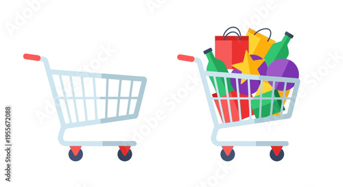 Empty and Full Shopping Carts Illustration: Retail, E-commerce, and Consumerism Concepts