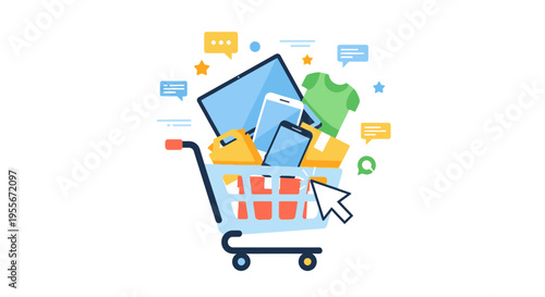 Online Shopping & E-commerce Concept: Digital Cart with Electronics, Apparel & Delivery, Flat Design Illustration