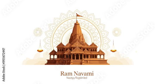 Illustration of a golden temple with a flag on top, surrounded by decorative elements and lamps, celebrating Ram Navami festival in India with a joyful and festive mood